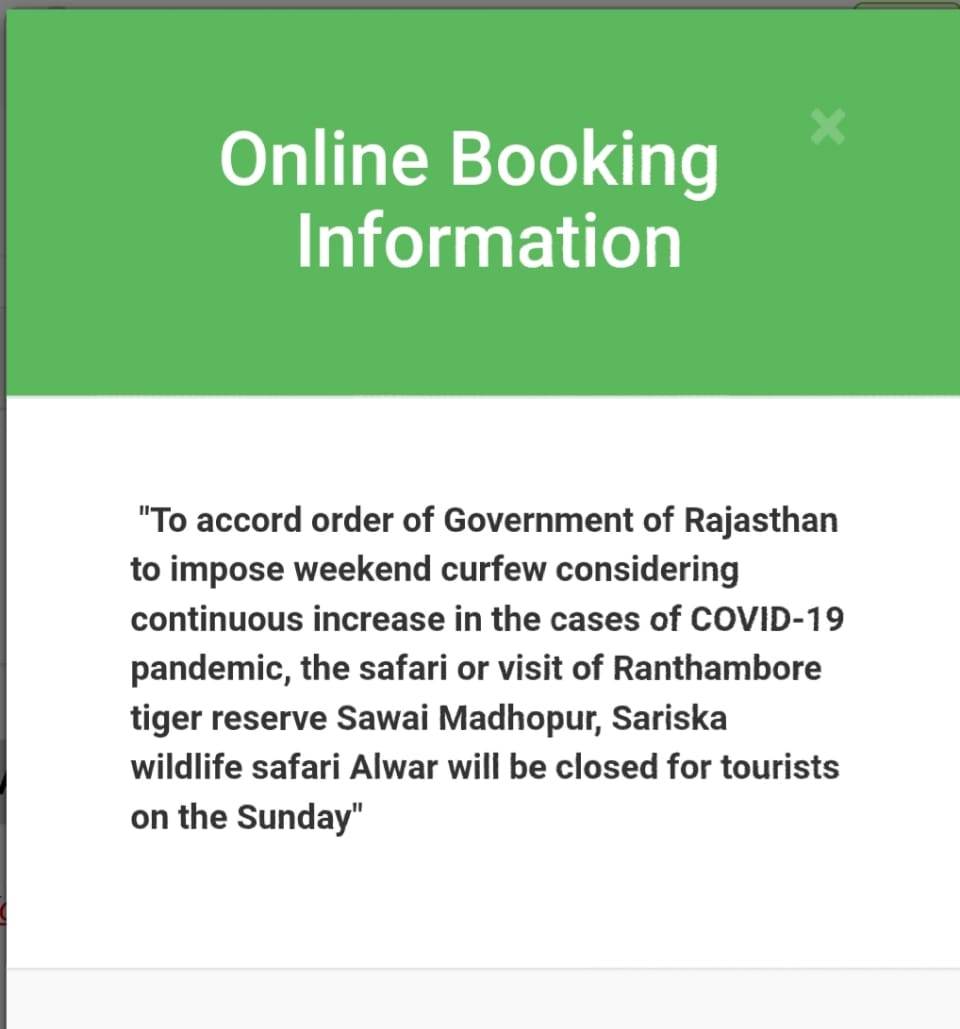 रणथंभौर टाइगर रिजर्व, सरिस्का वन्यजीव अभयारण्य, एवं अन्य पर्यटन स्थल रविवार को रहेंगे बंद 